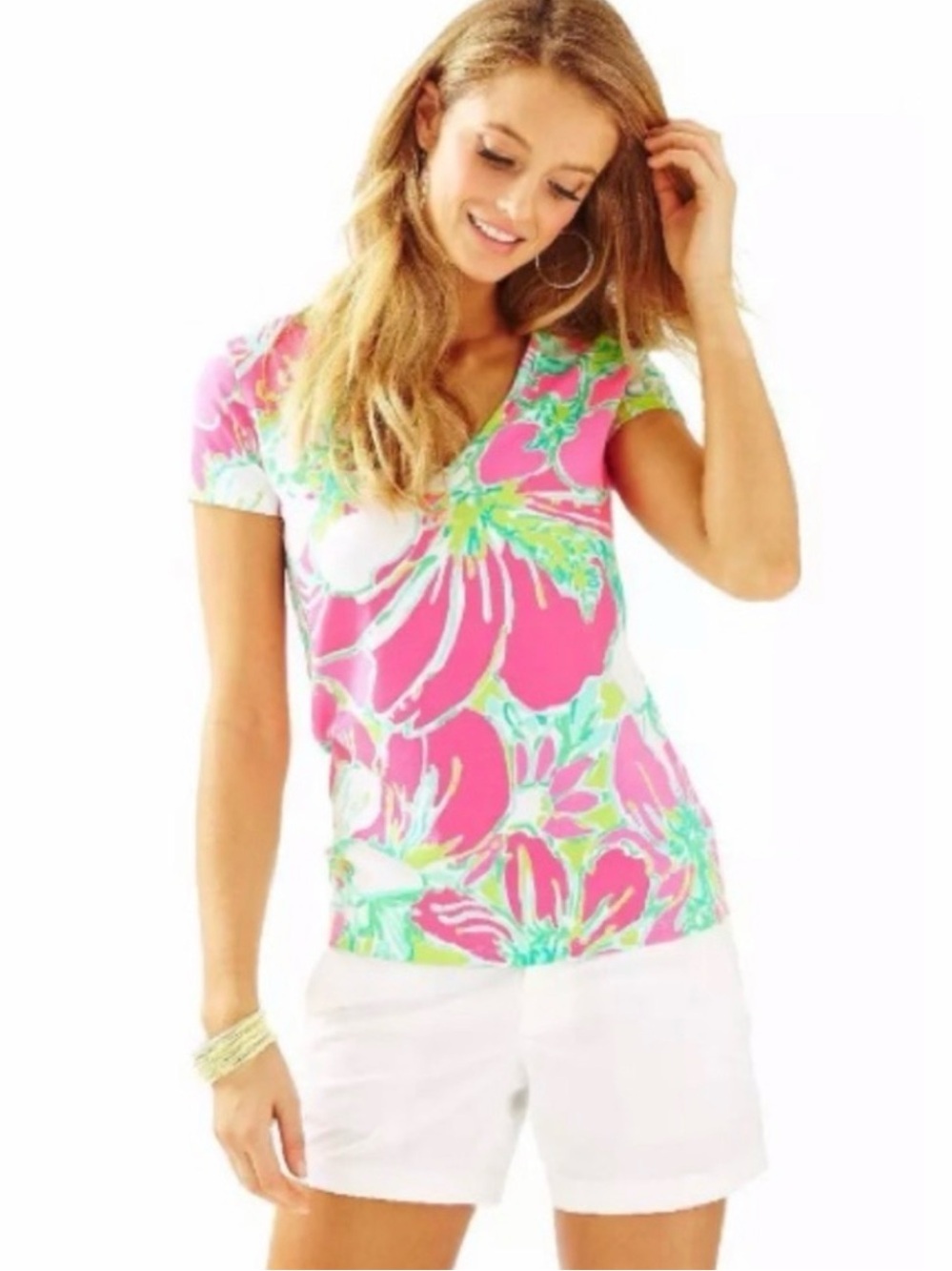 Lilly Pulitzer Michele Flamingo Pink Don’t give a cluck v-neck TShirt medium NWT